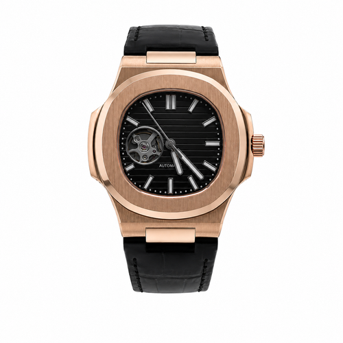 Nautilus Rose Gold Open Heart & Black Leather