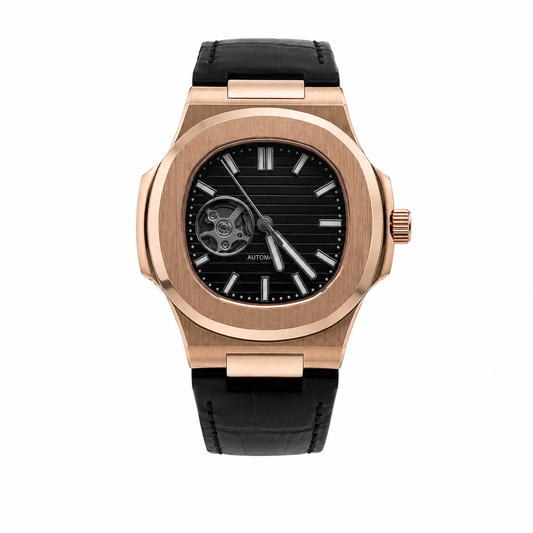 Nautilus Rose Gold Open Heart & Black Leather
